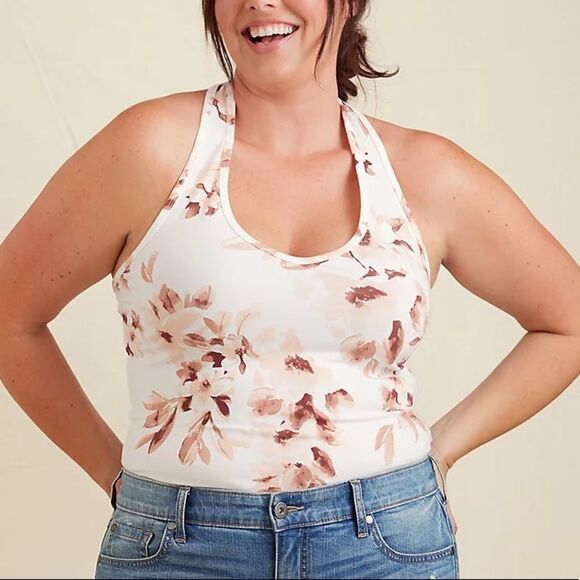 Torrid WHITE and dusty rose FLORAL FOXY HALTER TOP - Picture 1 of 8